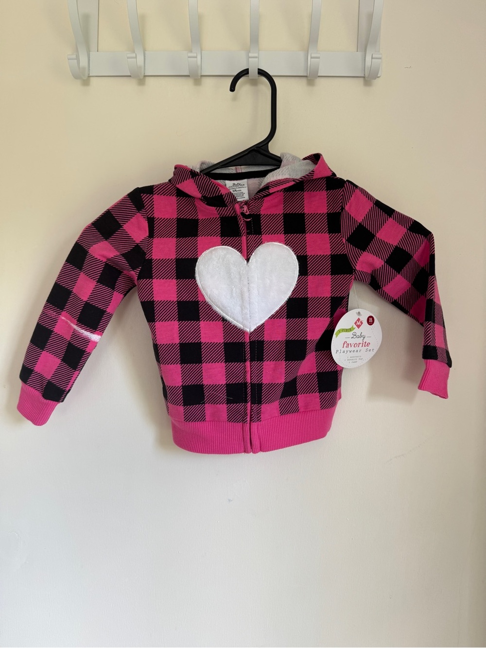 Pink & Black Buffalo Plaid Hooded Zip Jacket with Heart